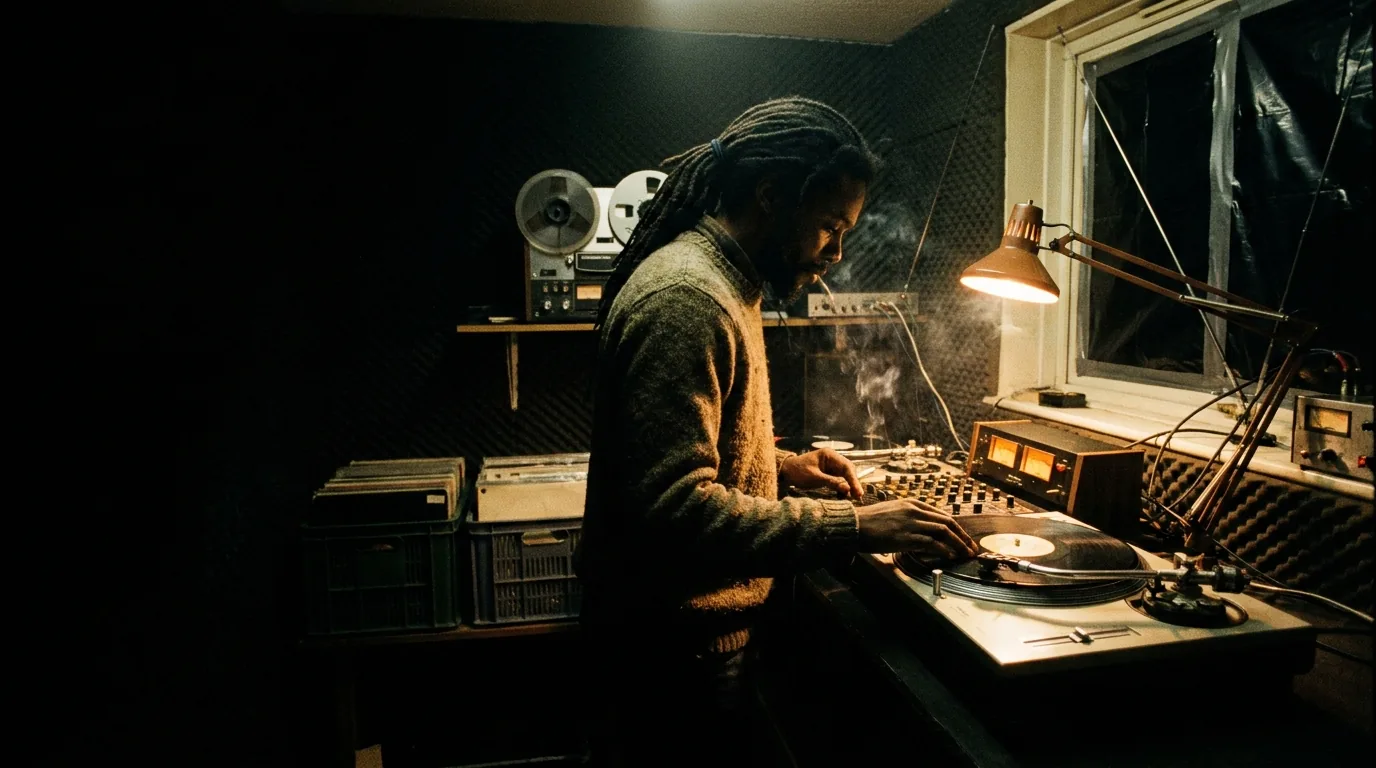 A DJ hunched over the decks in a dim room, lit by a single lamp, mid-mix between two turntables