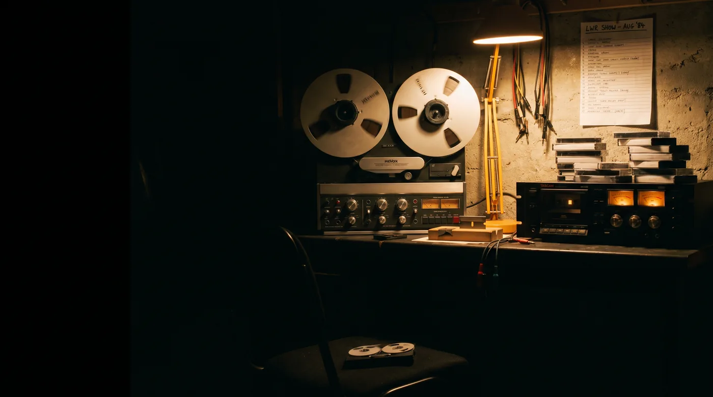 A Revox reel-to-reel and cassette deck lit by a desk lamp, with a handwritten show running order pinned to the wall